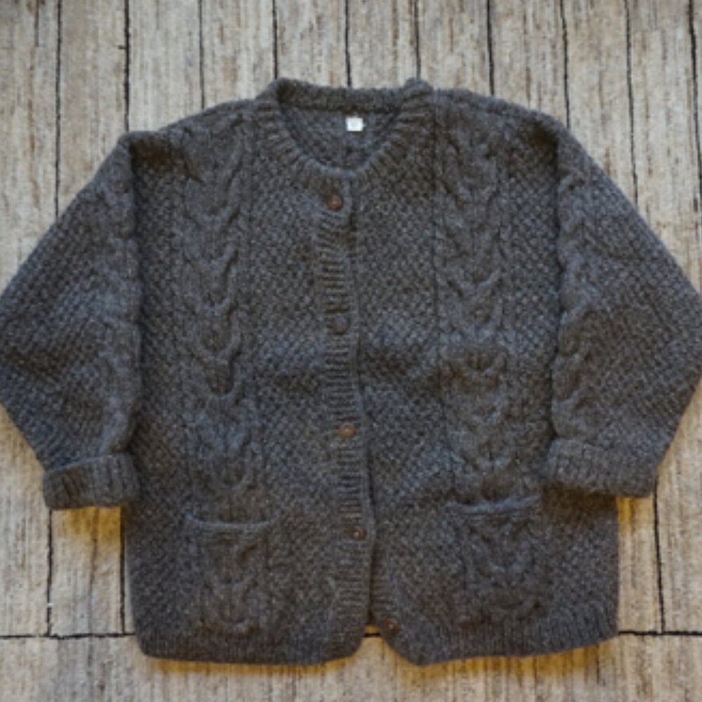 Heavy Wool Handknit Cardigan Natural Color Made in Nepal EUC Size L